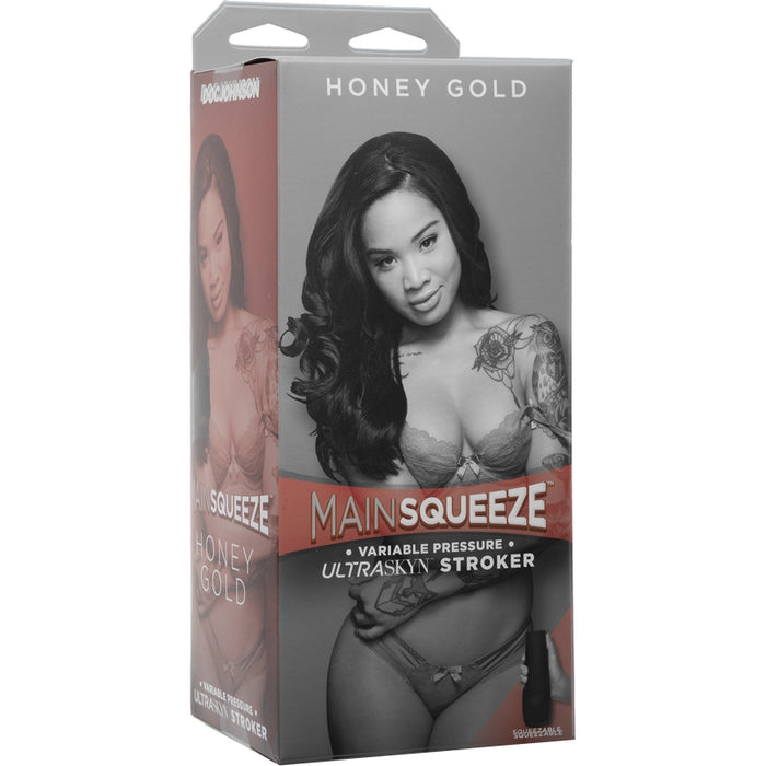Grey packaging with a busty Honey Gold posed on the front wearing a bra and panties 