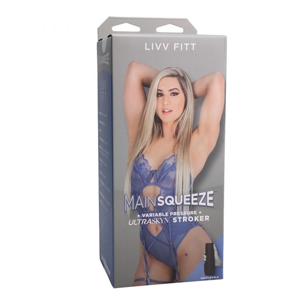 adult star livv fitt wearing blue teddy on box packaging