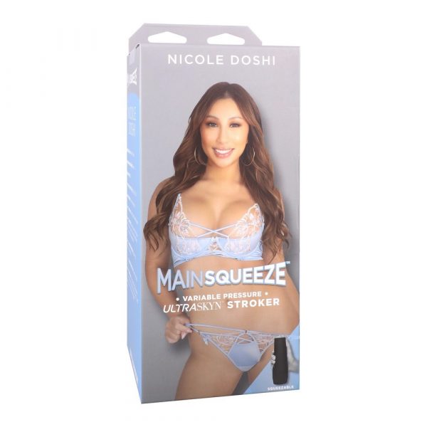 adult star nicole doshi wearing blue bra & panty set, on box packaging