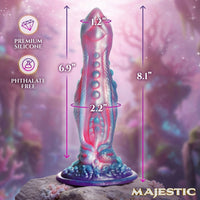 Silicone product with measurements and 'Majestic' branding on a pink background