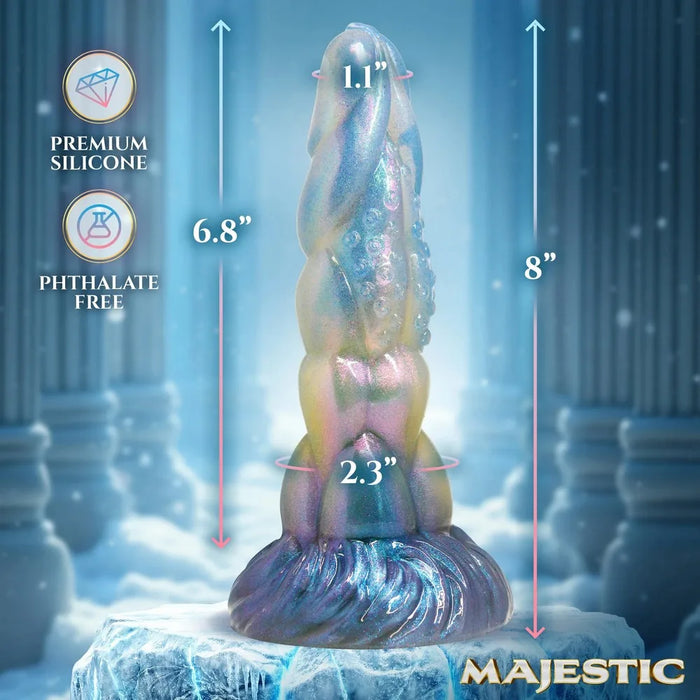Measurement chart of a product with columns labeled 'Premium Silicone', 'Phthalate Free', and dimensions in inches, set against a blue and gray architectural background.