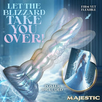 Product packaging with a mermaid-like figure and text 'Let the blizzard take you over!' on a blue background.