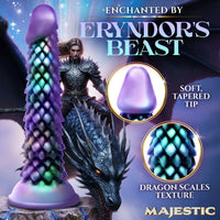 Product packaging for 'Eryndor's Beast' with dragon and warrior figure, highlighting features like soft tapered tip and dragon scales texture.