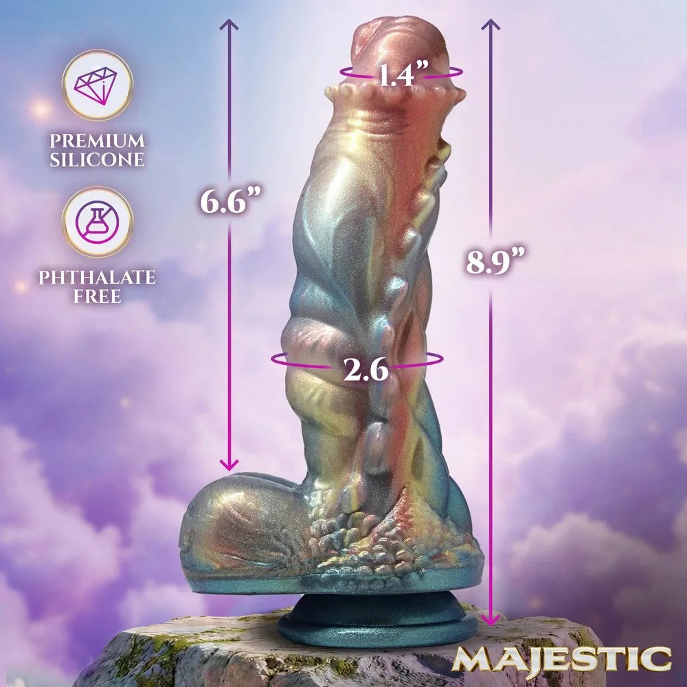 Silicone mold of a dildo figure with measurements and product details on a purple cloud background