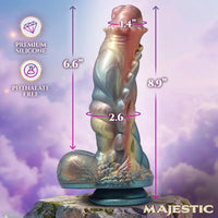 Silicone mold of a dildo figure with measurements and product details on a purple cloud background
