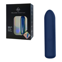 Blue silicone vibrating bullet with packaging labeled 'Wellness Essentials' on a white background