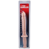 a beige penis shaped dildo with a beige handle shown in its plastic packaging