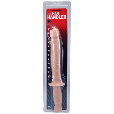 a beige penis shaped dildo with a beige handle shown in its plastic packaging