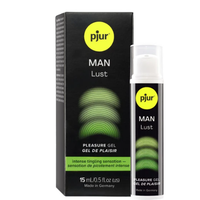 Pjur MAN Lust pleasure gel packaging with black box and white bottle on a white background
