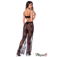 A model wearing a black lace lingerie set consisting of a bralette and sheer wide-leg pants, photographed against a solid white background with a 'Maple' brand watermark in the bottom right corner.