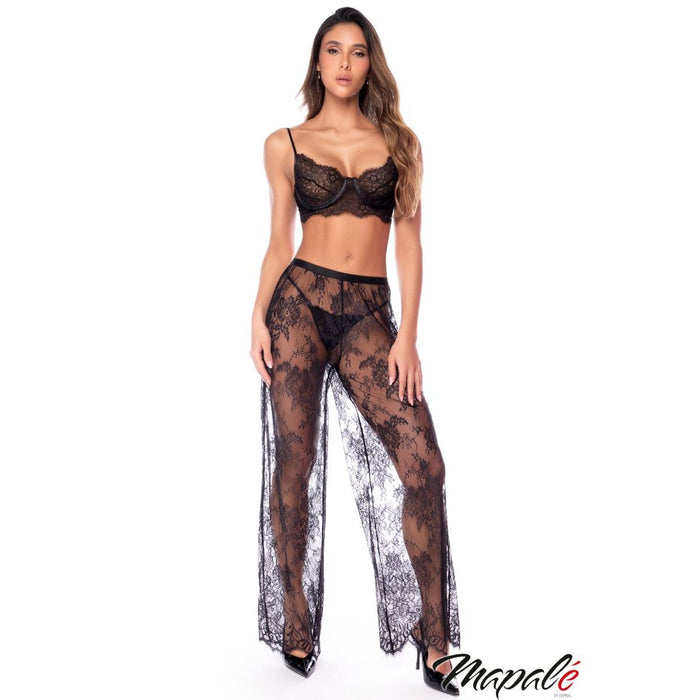 A model wearing a black lace lingerie set consisting of a bralette and sheer wide-leg pants, photographed against a solid white background with a 'Maple' brand watermark in the bottom right corner.