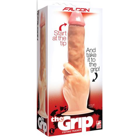 a white and red display box depicting a penis shaped dildo with an attached hand gripping the shaft