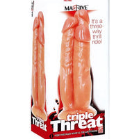 a white and red display box depicting a dildo that is in the shape of three different sized penises