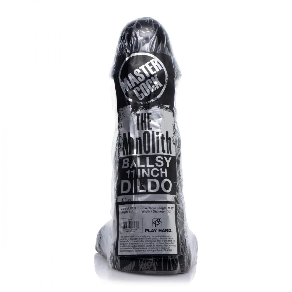 Master Cock the manolith ballsy 11" dildo with packaging with visible branding on a white background