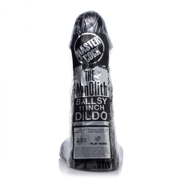 Master Cock the manolith ballsy 11" dildo with packaging with visible branding on a white background