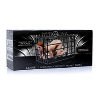 Product packaging of an adjustable cage with a padded board, featuring a woman inside.