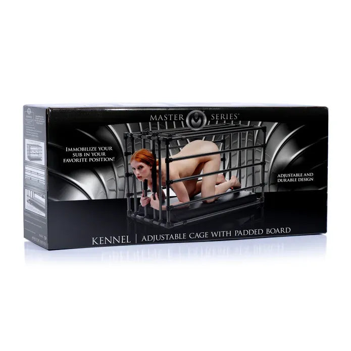 Product packaging of an adjustable cage with a padded board, featuring a woman inside.