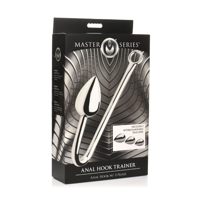 The image shows a set of three graduated anal hook plugs along with a much larger hook that they are designed to fit onto. The plugs are made of aluminum alloy and have a shiny, metallic finish.