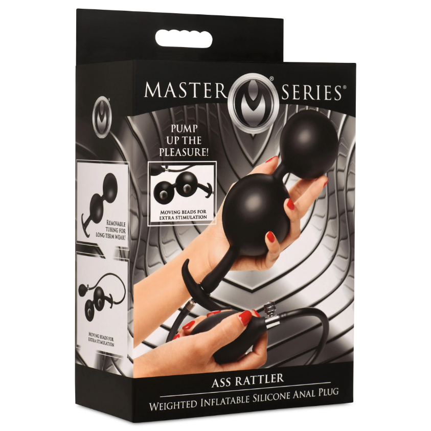 Black weighted inflatable ass rattler anal plug inside packaging
