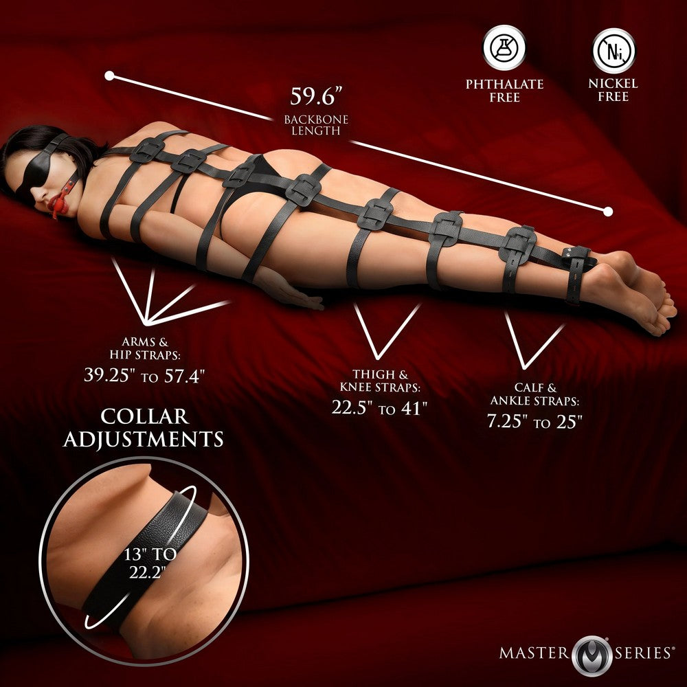 Product description of a restraint set with measurements and features on a red background.