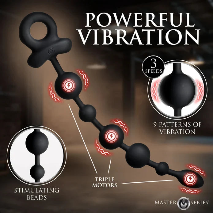 Black triple-motor vibrating prostate massager with red vibration graphics and text overlays highlighting features like 'POWERFUL VIBRATION', '3 SPEEDS', '9 PATTERNS OF VIBRATION', 'STIMULATING BEADS', and 'TRIPLE MOTORS'.