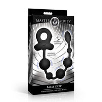 Master Series Balls Deep vibrating silicone anal beads in its retail packaging, featuring a black and silver box with illustrations of the three-bead product.