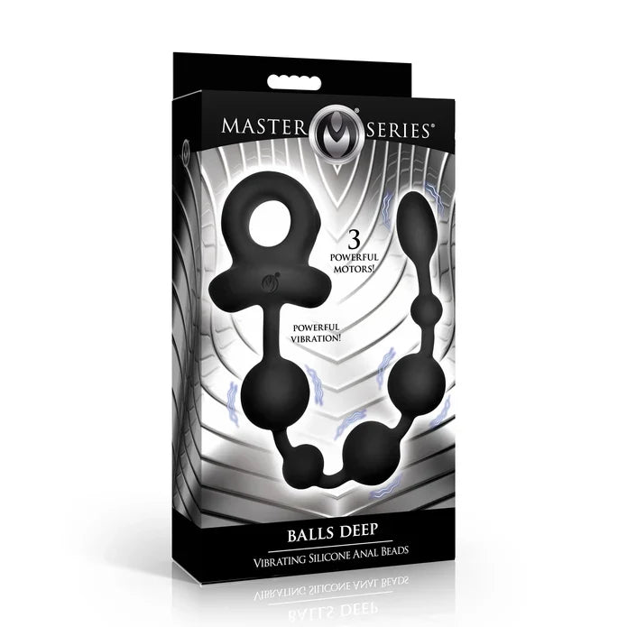 Master Series Balls Deep vibrating silicone anal beads in its retail packaging, featuring a black and silver box with illustrations of the three-bead product.