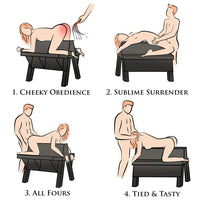Illustrations of a bench with different positions labeled 'Cheeky Obedience', 'Sublime Surrender', 'All Fours', and 'Tied & Tasty'.