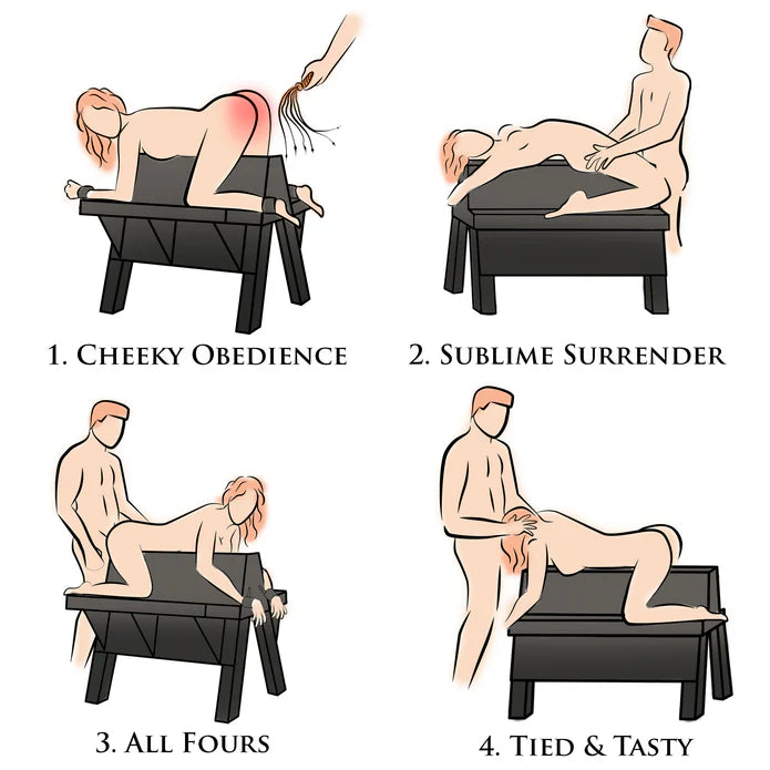 Illustrations of a bench with different positions labeled 'Cheeky Obedience', 'Sublime Surrender', 'All Fours', and 'Tied & Tasty'.
