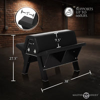 Black bench with dimensions and weight capacity details on a dark background