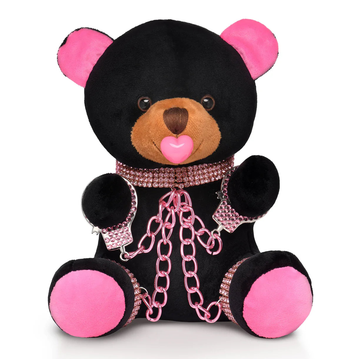 Black teddy bear with pink accents and jewelry on a white background