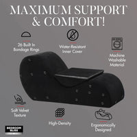 bondage love couch Product advertisement with text highlighting features on a gray background