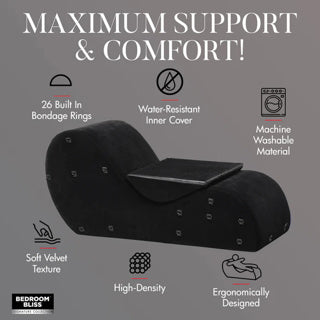 bondage love couch Product advertisement with text highlighting features on a gray background
