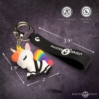 Unicorn keychain with rainbow hair on a dark textured background, featuring Master Series branding.