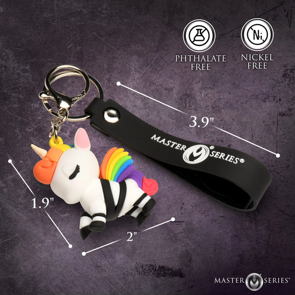 Unicorn keychain with rainbow hair on a dark textured background, featuring Master Series branding.