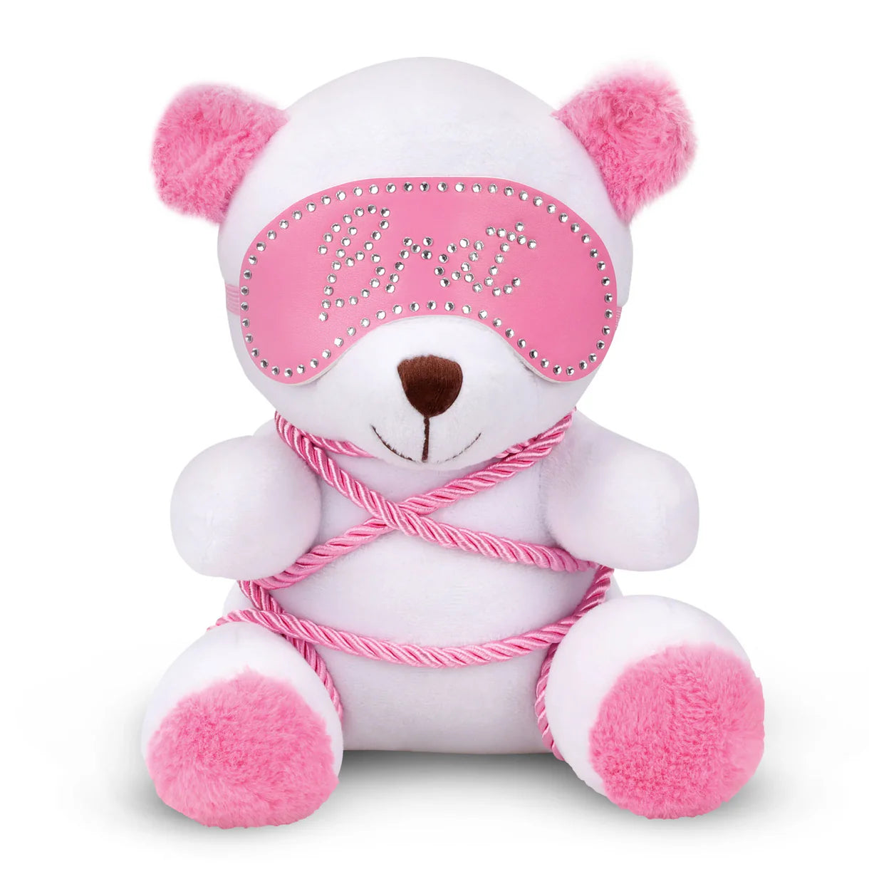White teddy bear with pink accents and a pink blindfold on a white background