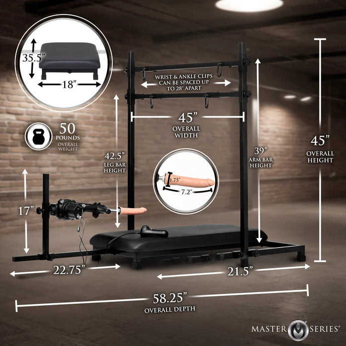 stand with sex machine with detailed measurements on a wooden floor background