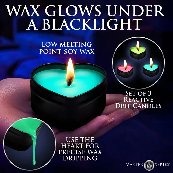 A heart-shaped black tin candle held in a hand, glowing with bright turquoise wax under a blacklight. The image includes marketing text, circular inset photos of three lit reactive drip candles, and a 'MASTER M SERIES' logo at the bottom right.