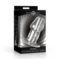Clear hollow anal plug packaging with 'Master Series' branding on a white background