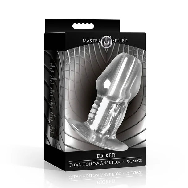 Clear hollow anal plug packaging with 'Master Series' branding on a white background