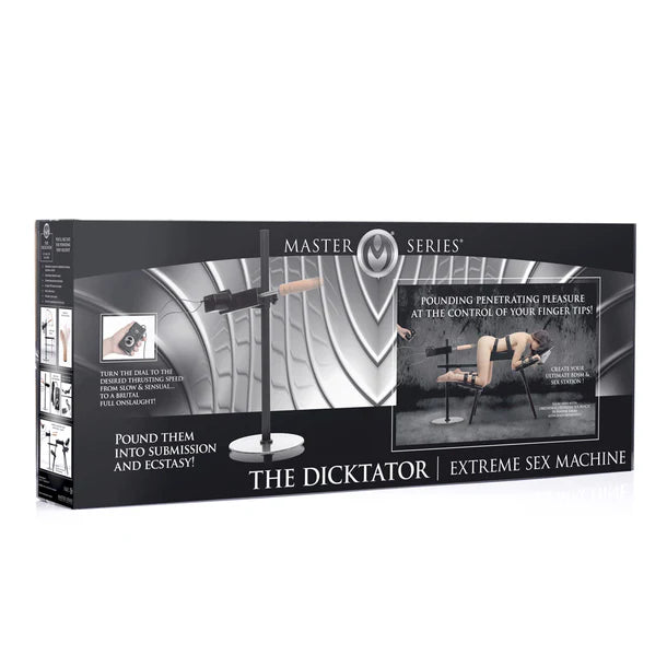 Box for 'The Dicktator' extreme sex machine with images and text on a white background