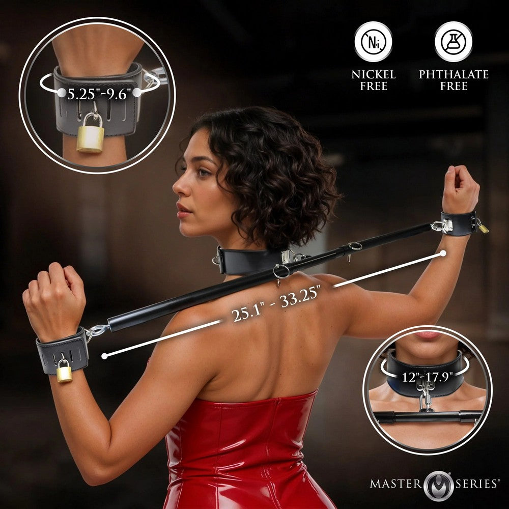 Woman wearing a leather collar and cuffs with measurement details, featuring Master Series branding.