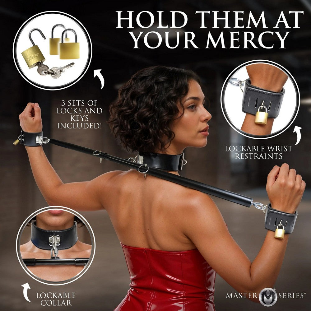 Promotional image of a woman wearing lockable restraints with product details.