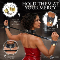 Promotional image of a woman wearing lockable restraints with product details.