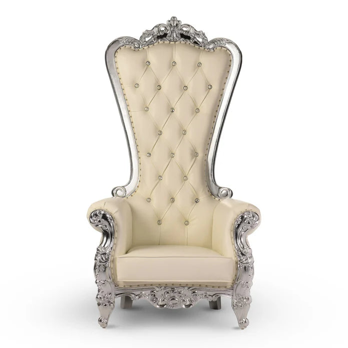 Decorative armchair with ornate silver frame and cream upholstery on a white background