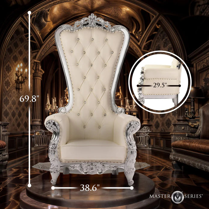 Decorative throne chair with intricate designs and measurements in an opulent room.