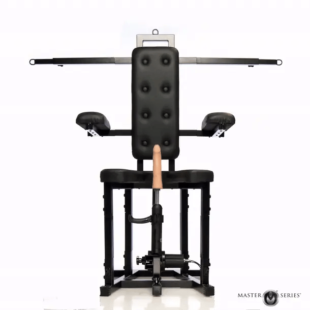 Black enforcer chair with sex machine with 'Master Series' branding on a white background