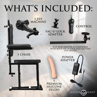 Sex machine set with chair, sex machine, power adapter, silicone dildo, and other accessories on a light background.