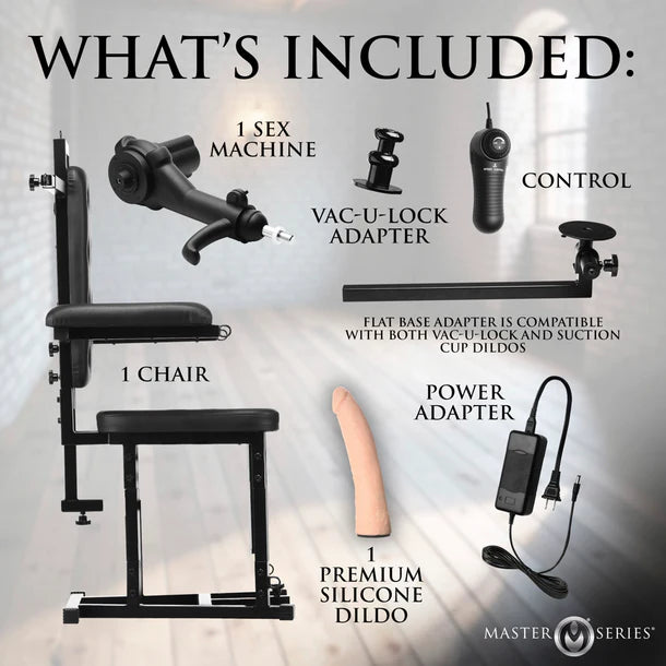 Sex machine set with chair, sex machine, power adapter, silicone dildo, and other accessories on a light background.