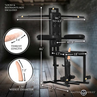 Sexual restraint device with measurements and details on a dark background